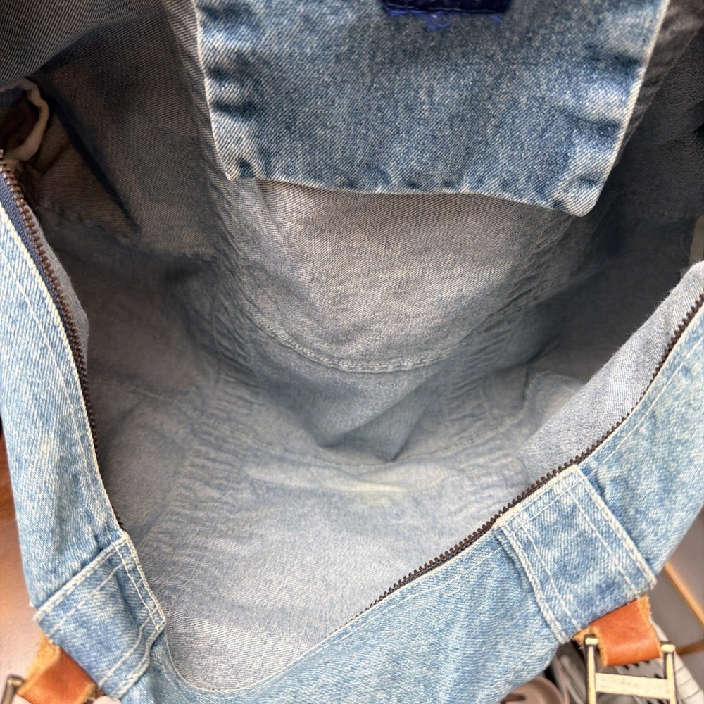 Vintage GAP Weekender Travel Tote Bag Blue Denim Duffle Large Zip Leather Trim - Picture 3 of 5
